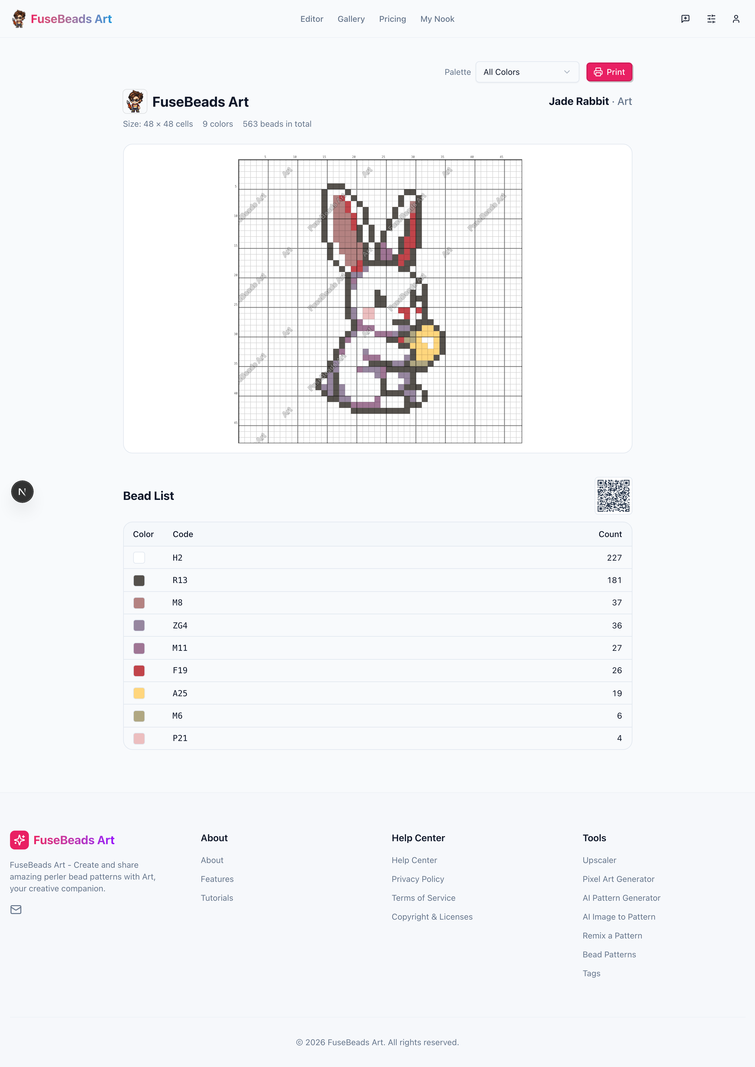 The print view of a fuse bead pattern: A4 grid sheet with bead list